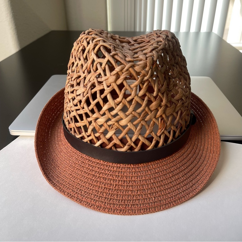 Narrow Brim Palma Straw Hat With Leather Brim Size M